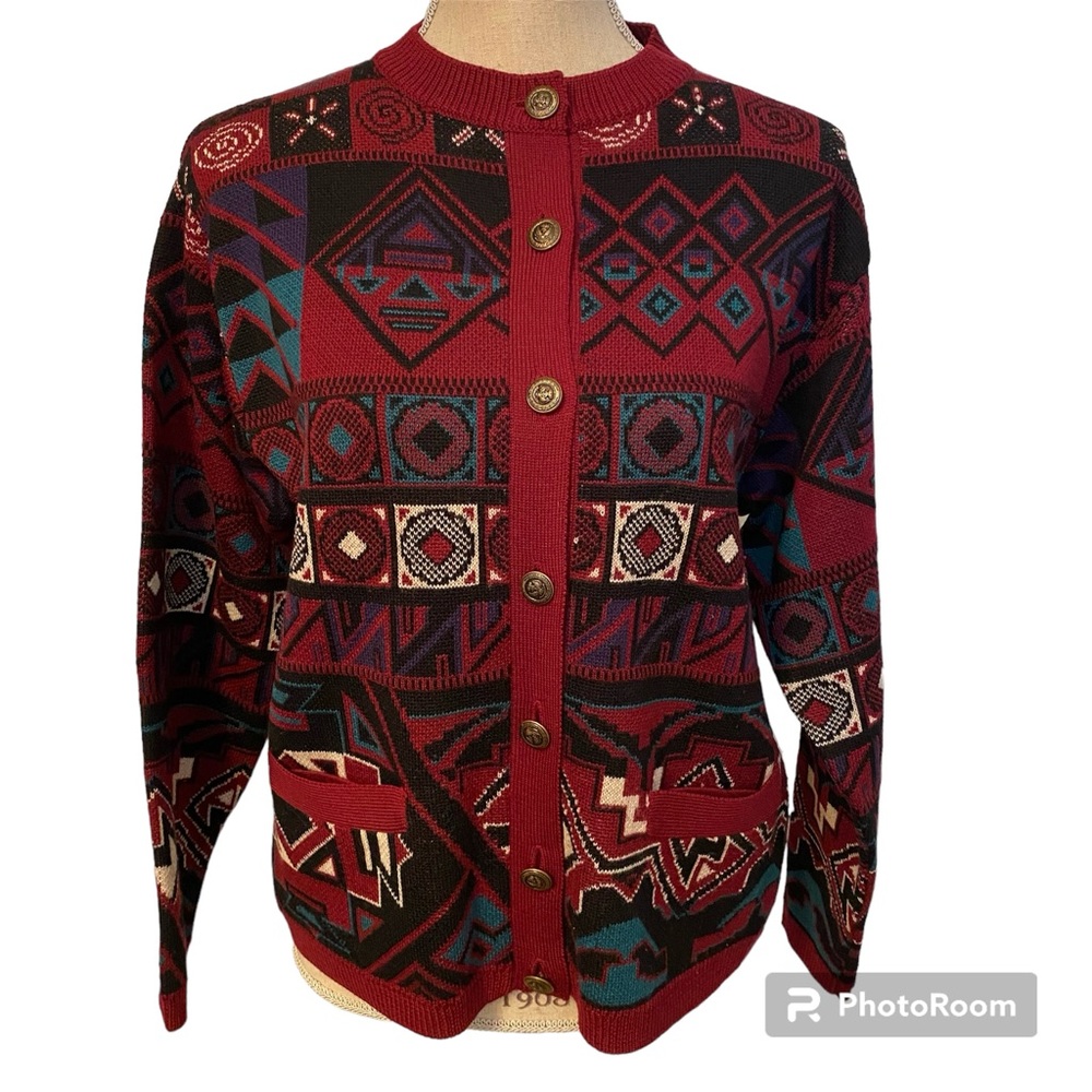 JOS. A. BANK SWEATER CARDIGAN DARK RED BLAVK WHITE WOOL LONG SLEEVE SIZE M